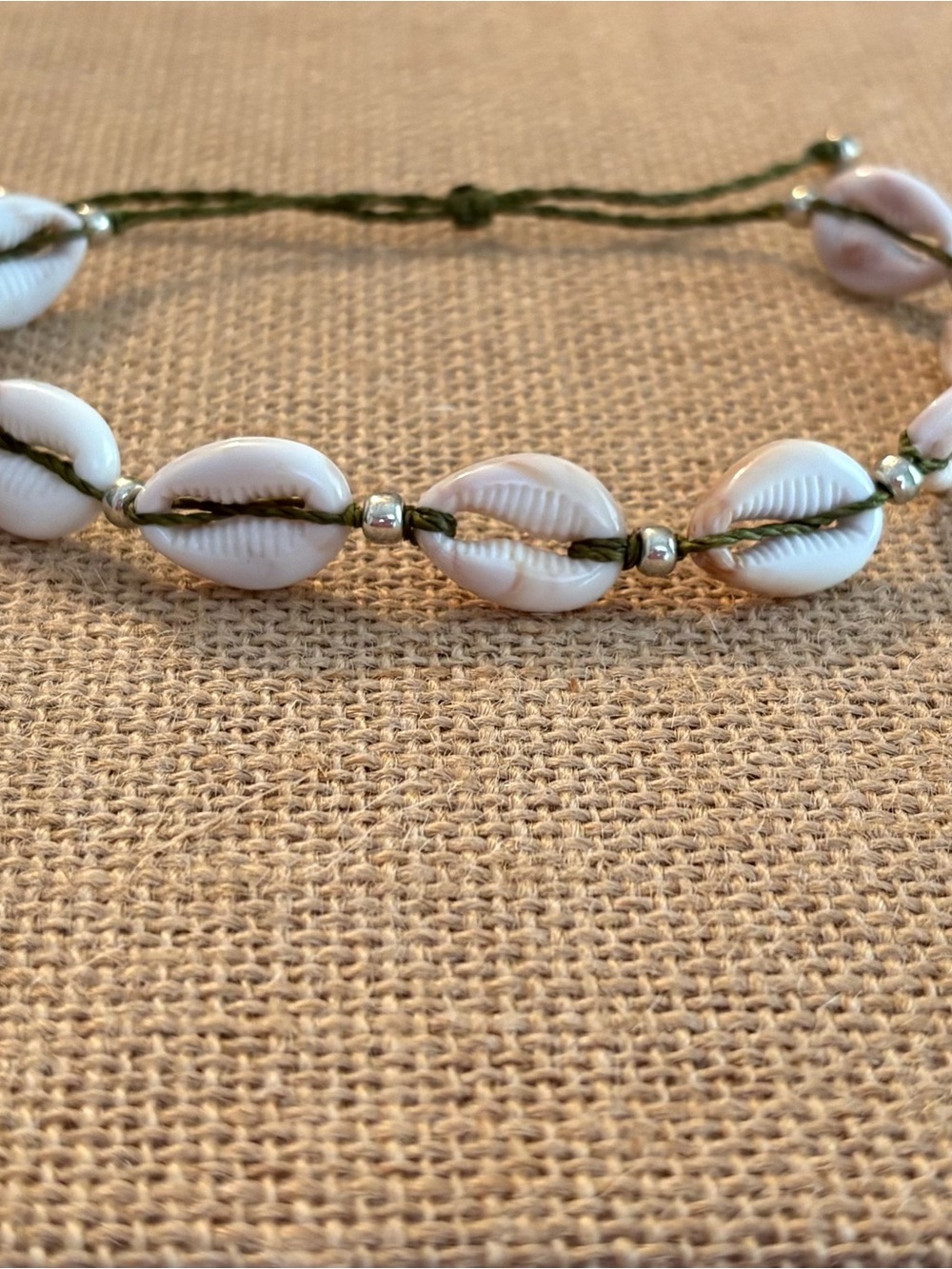 Handmade White Shell Cowrie Bead Bracelet with Olive Cord. Foot Bracelet.